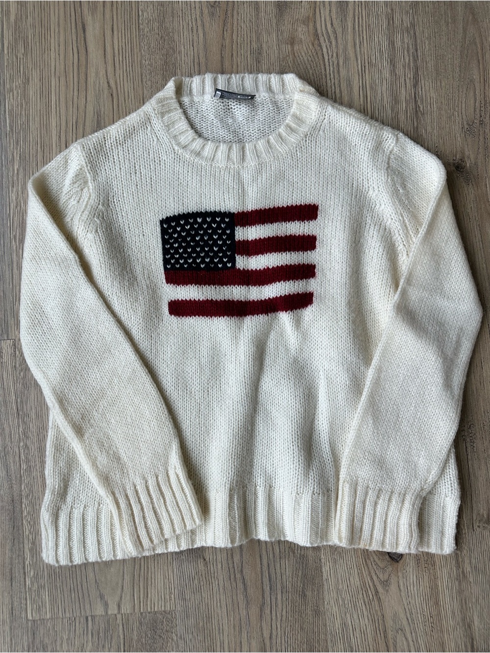 Wooden Ships Cream Flag Knit Crewneck Sweater with Navy & Burgundy Detail